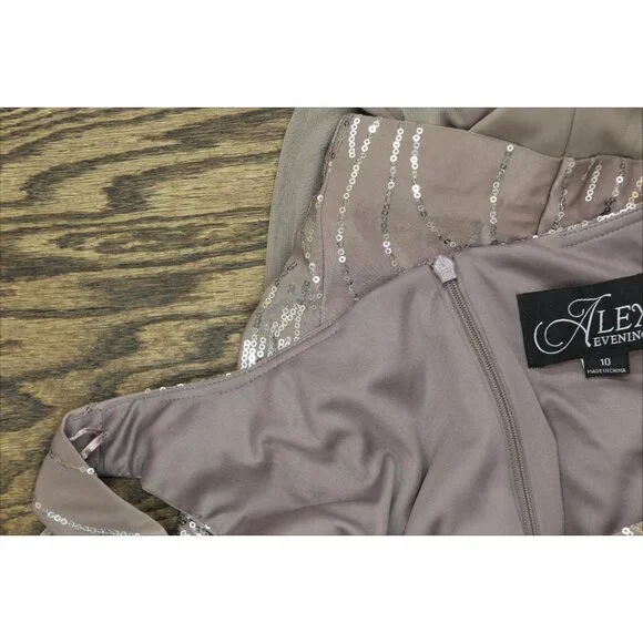 Alex Evenings Women's Tea Length Sequin Dress Pewter Brown / Frost 10 - Picture 4 of 14